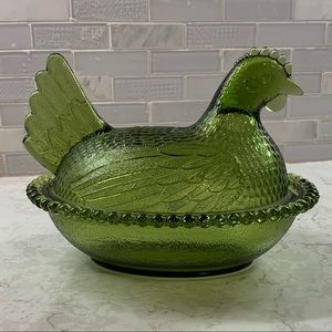 Firm: Indiana Glass Olive Green Nesting Hen Dish
